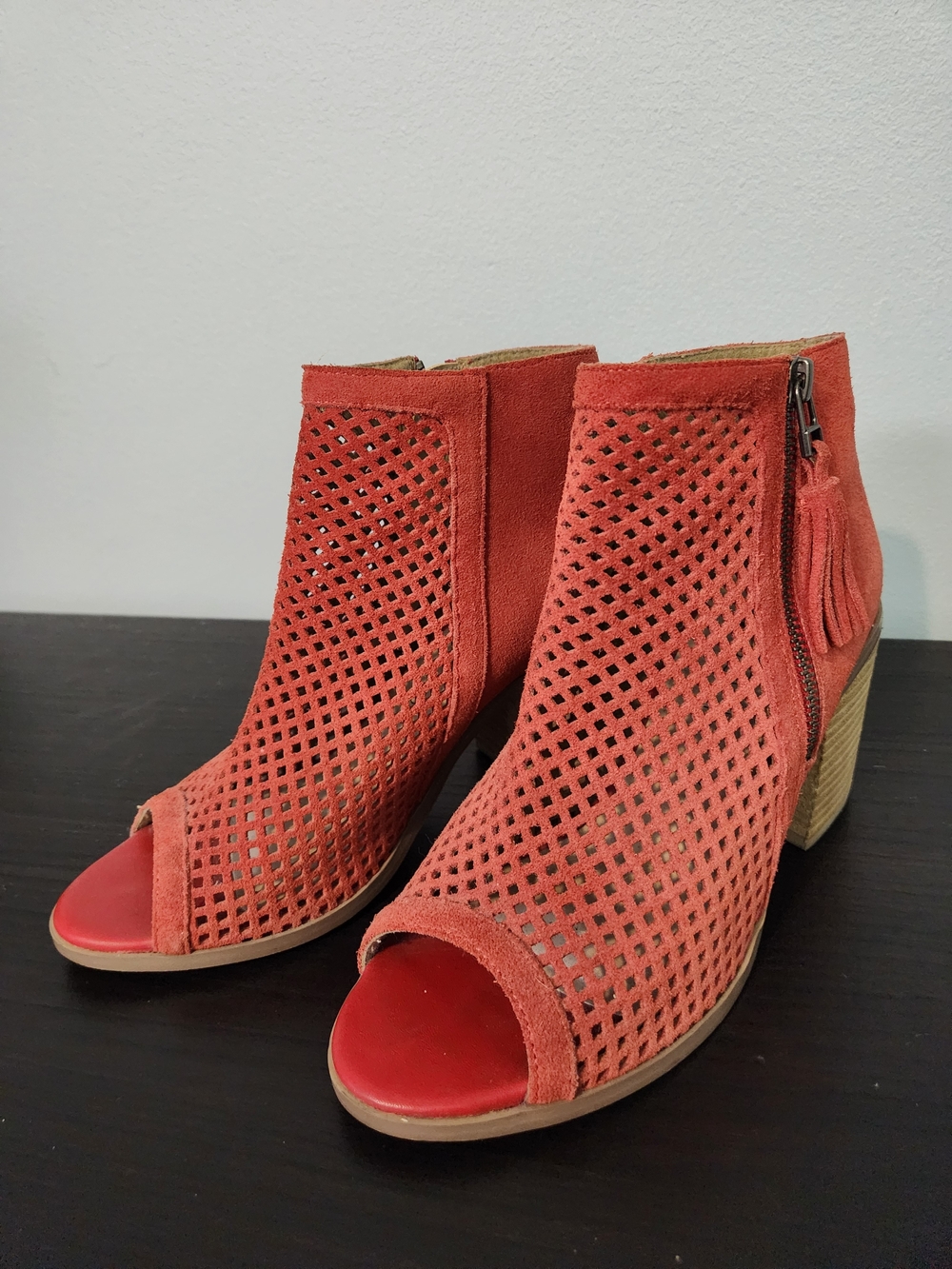 Women’s Red Coral Suede Perforated Peep-Toe Ankle Booties